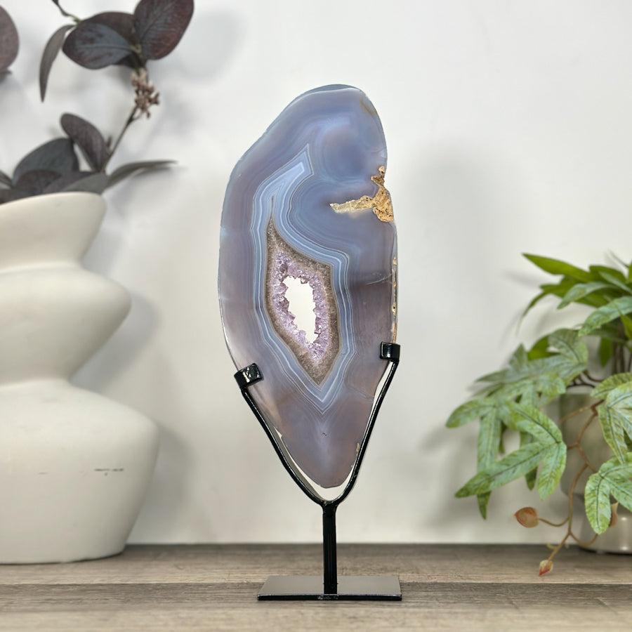 Blue Banded Agate &amp; Amethyst Geode Slice Portal - MWS3248