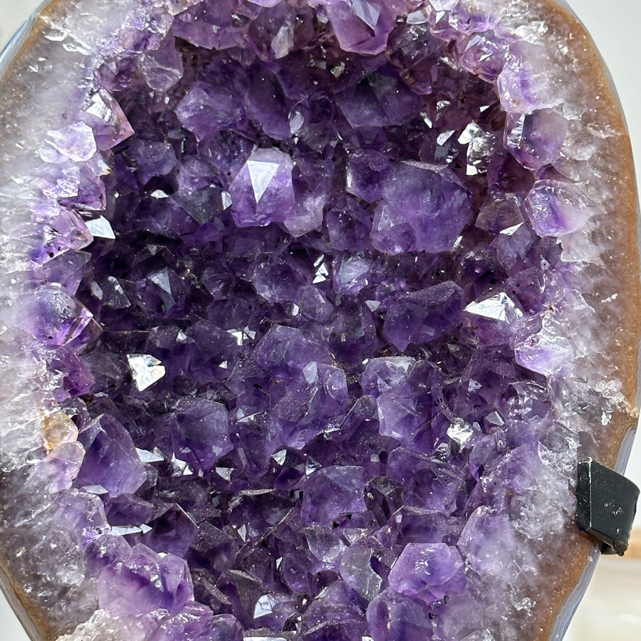 Stunning Natural Amethyst Geode with Deep Purple Crystals, Metallic Stand - Perfect for Meditation or Elegant Home Display - MWS1632