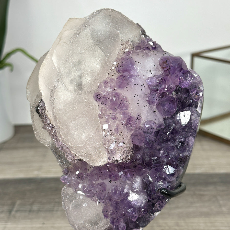 Natural Calcite &amp; Amethyst Specimen on Metallic Stand - MWS2766