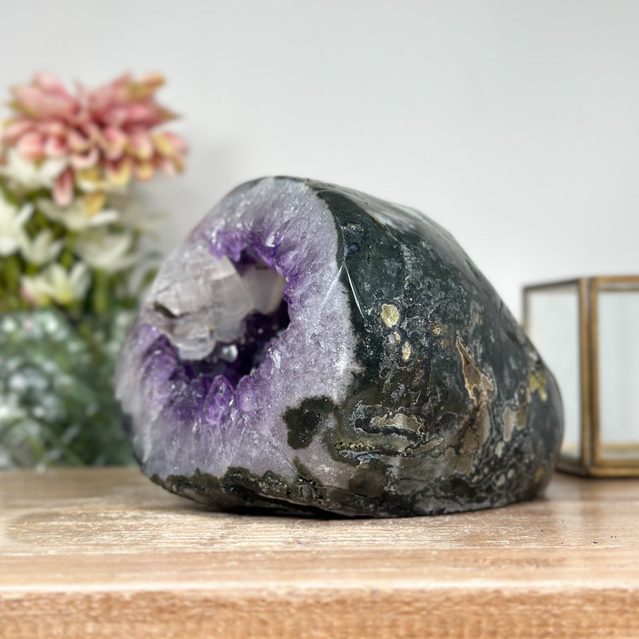 Amethyst &amp; Agate Stone Geode with Calcite Crystal Formation - STGE0007