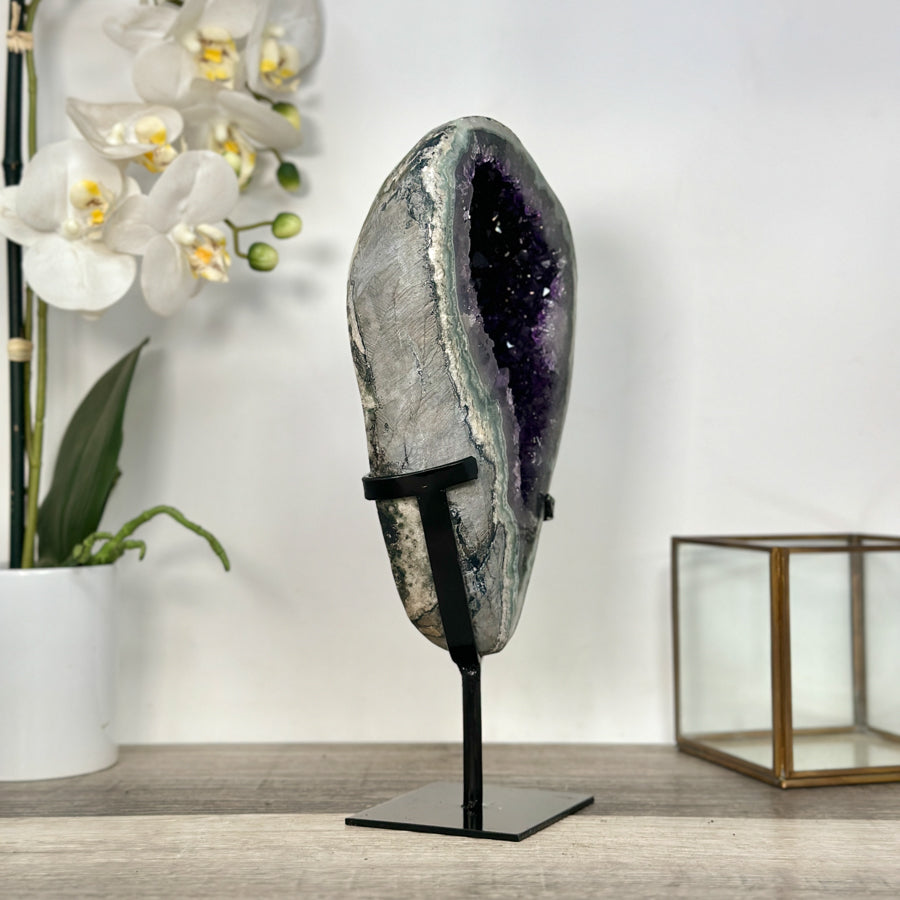 Deep Purple Amethyst Geode on Metal Stand – Stunning Crystal Formation for Shelf Display - MWS2701