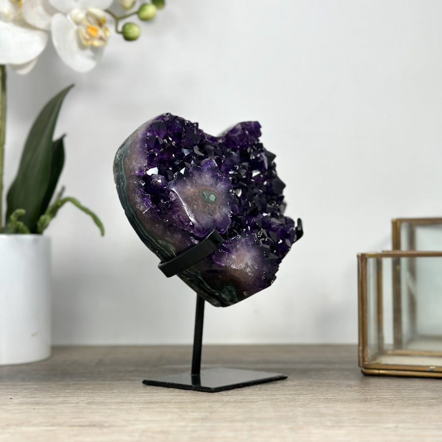 Top Grade Large Amethyst Crystal Heart, Metallic Stand Inluded - HST0283