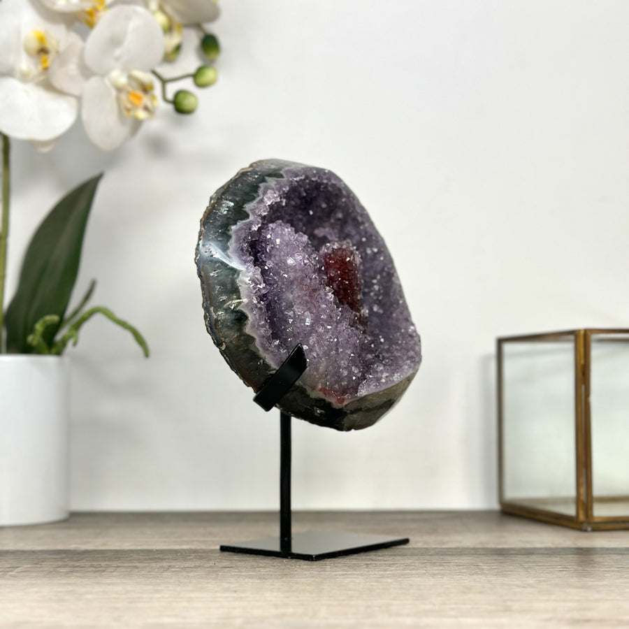 Amethyst Geode on Stand with Red Hematite &amp; Calcite Formation