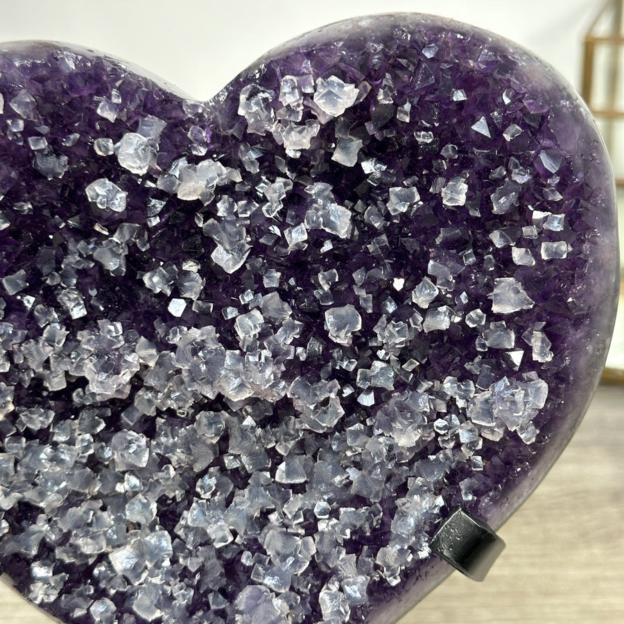 Natural Amethyst Heart Carving with Calcite Crystals Inclusions - HST0289