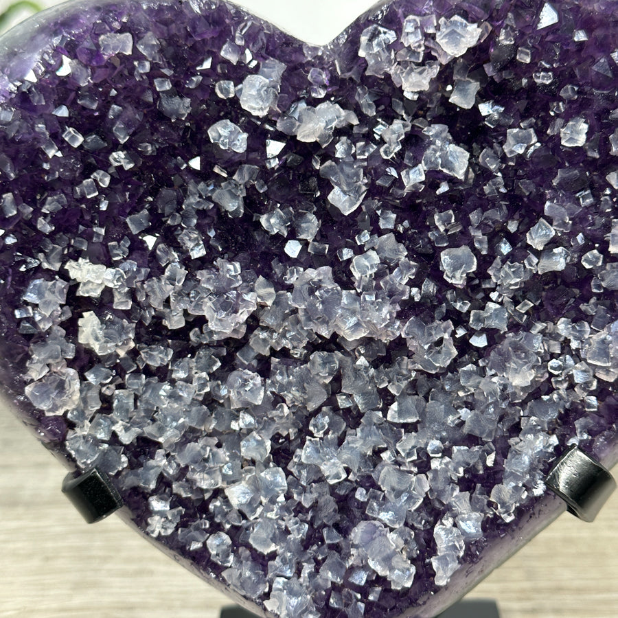 Natural Amethyst Heart Carving with Calcite Crystals Inclusions - HST0289