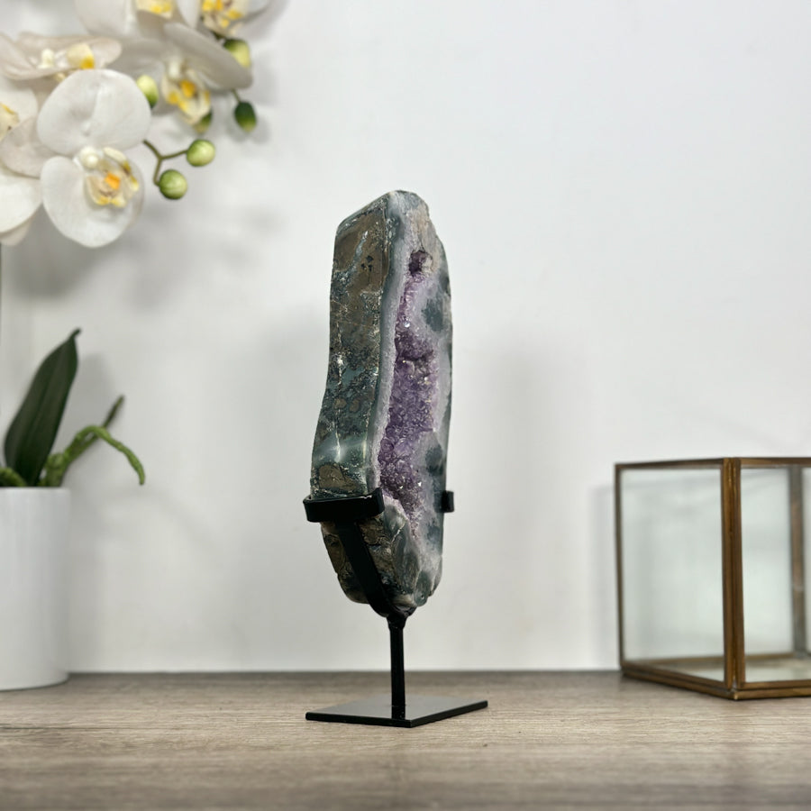 Natural Agate &amp; Amethyst Stone Slice Portal on Stand - MWS3009
