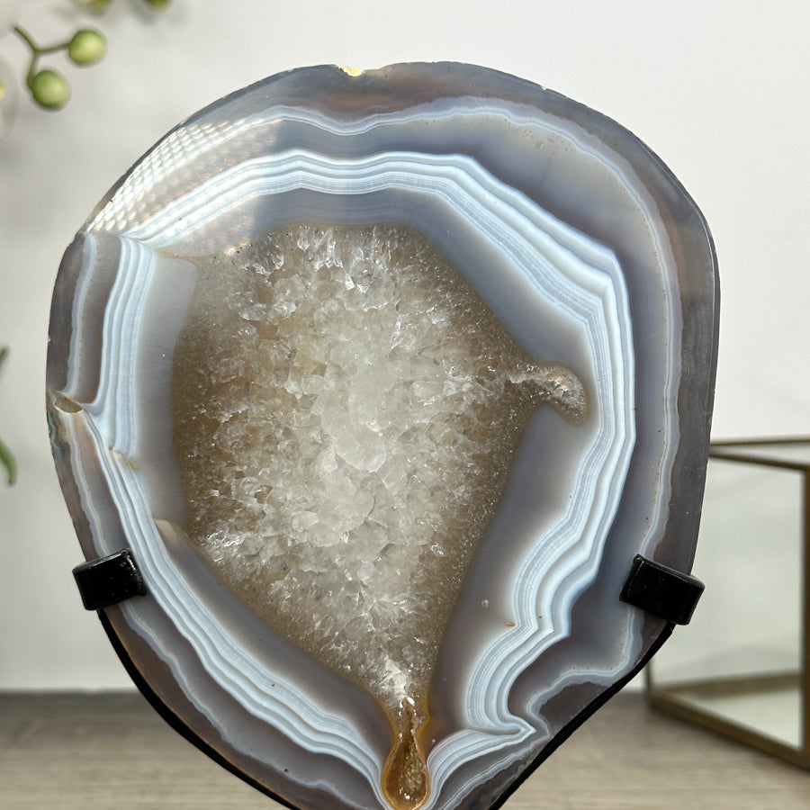Blue Banded Agate &amp; Quartz Stone Slice on Metal Stand - MWS3012