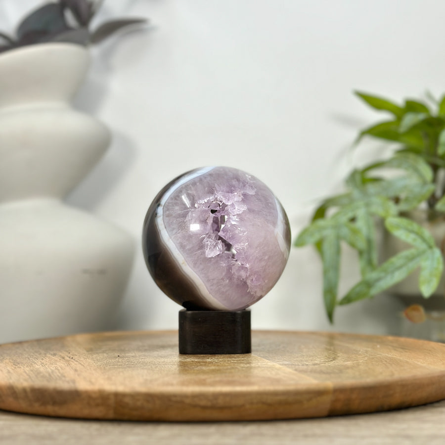 Amethyst &amp; Banded Agate Sphere Geode with Crystal Formation - SPH0199