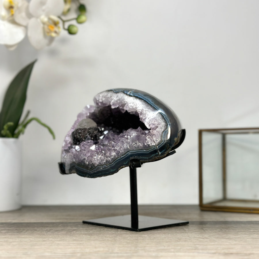 Natural Amethyst &amp; Agate Stone Geode on Stand - MWS2841