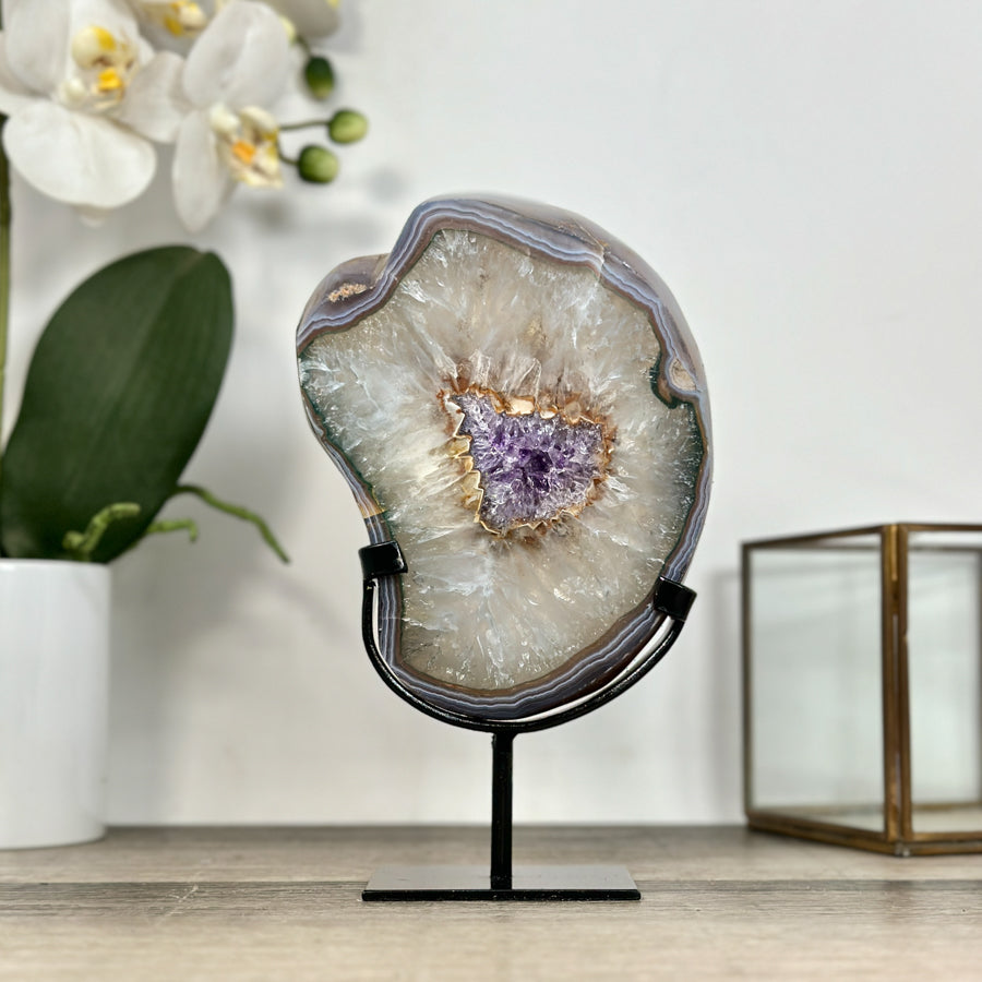 Agate Geode on Stand with Druzy Center – Natural Crystal Display Piece - MWS2903