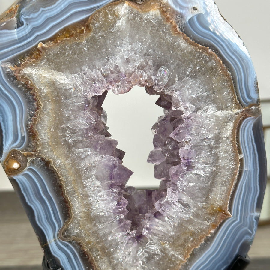 Agate Geode Slice with Amethyst Core – Unique Natural Display Piece - MWS2922