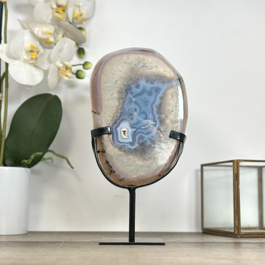 Blue Banded Agate Slice on Stand – Natural Stone Display Statement Piece - MWS2920