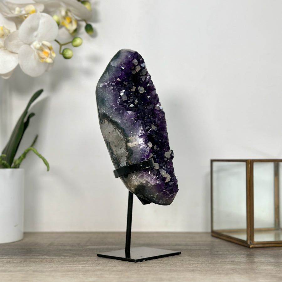 Deep Purple Amethyst Geode From Uruguay on Metal Stand – Premium Crystal Accent for Living Room Decor - MWS2496