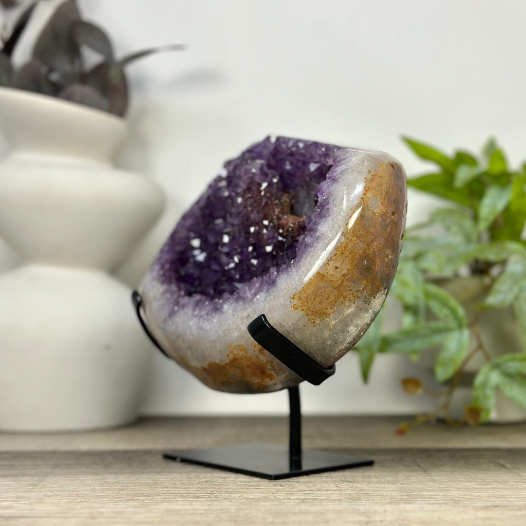 Unique Natural Amethyst Geode with Quartz Shell on Stand - MWS3313