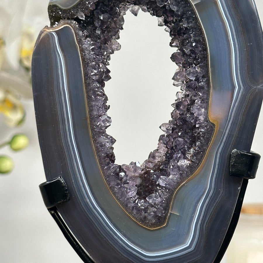 Stunning Blue Banded Agate &amp; Amethyst Polished Geode Slice - MWS1673