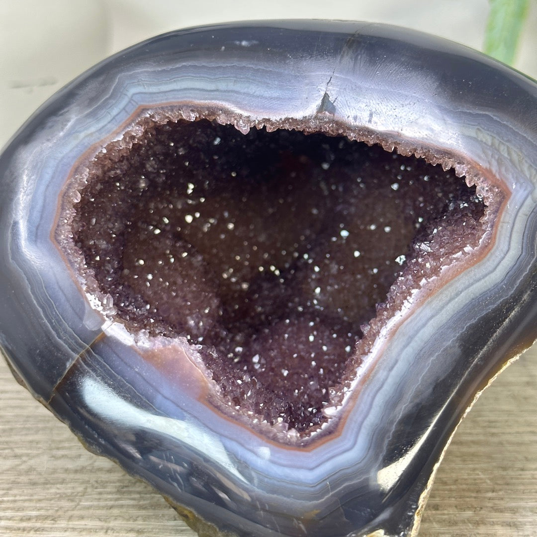 Natural Pink Amethyst Geode with Blue Banded Agate Shell - STGE0040