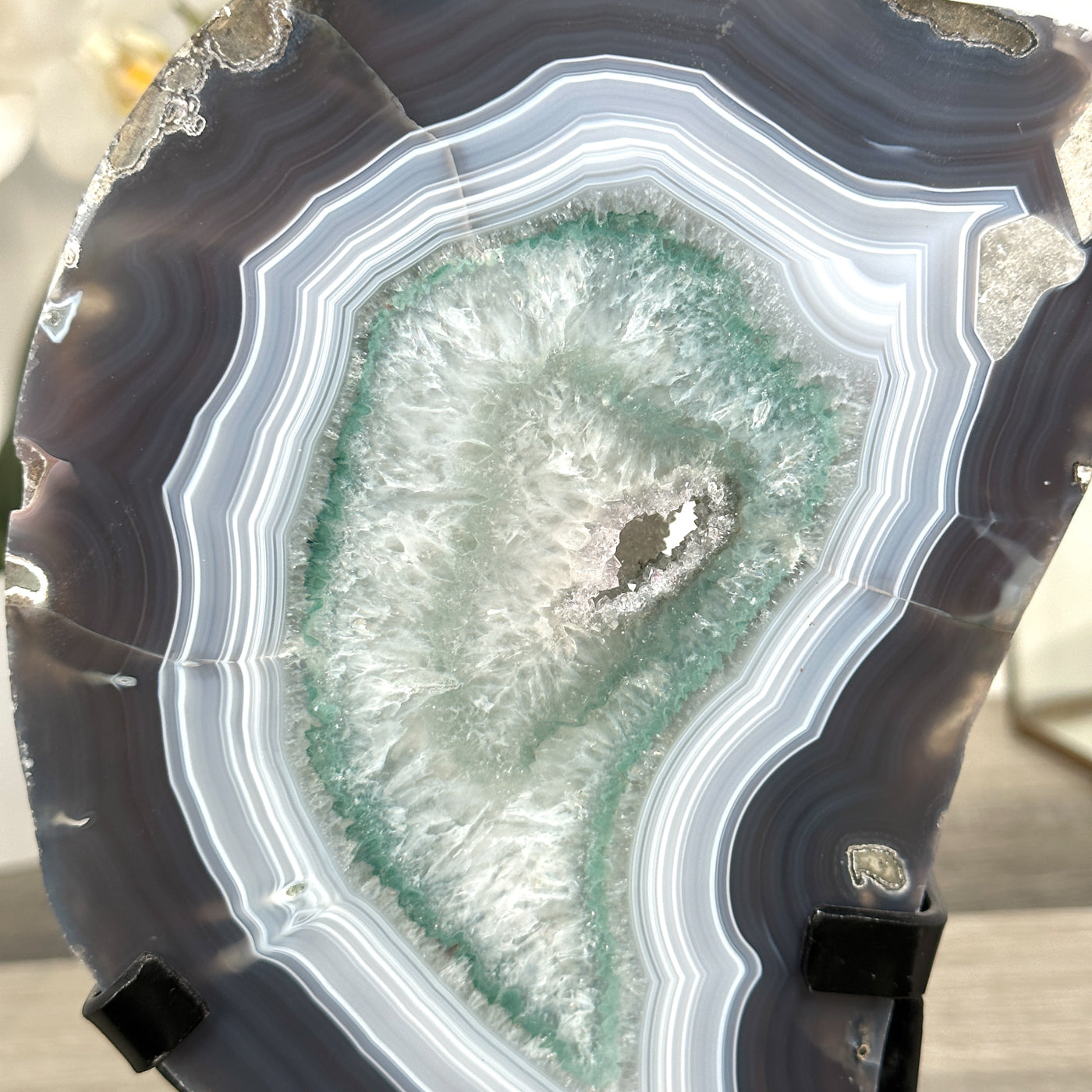 Agate Slice with Blue Bands and Crystalline Center for Home Decor Display - MWS2660
