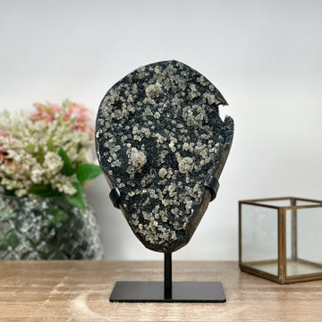 Natural Black Amethyst Specimen with Calcite Crystal Inclusions: Elegant Bookshelf Highlight - MWS0792