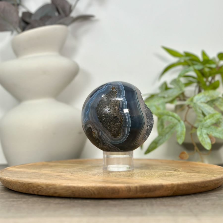 Banded Agate Sphere Geode with Quartz Crystal Cavity - SPH0151