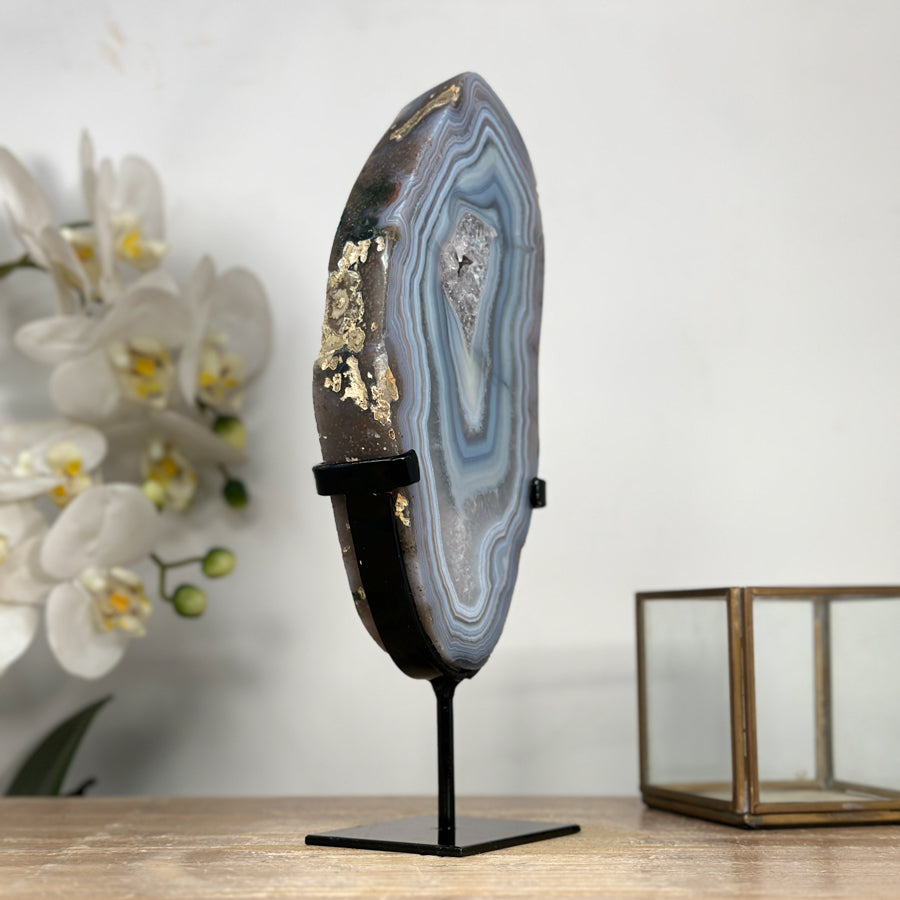 Blue Agate Polished Slice with Metal Stand – Uruguayan Gemstone for Shelf or Altar - MWS2010