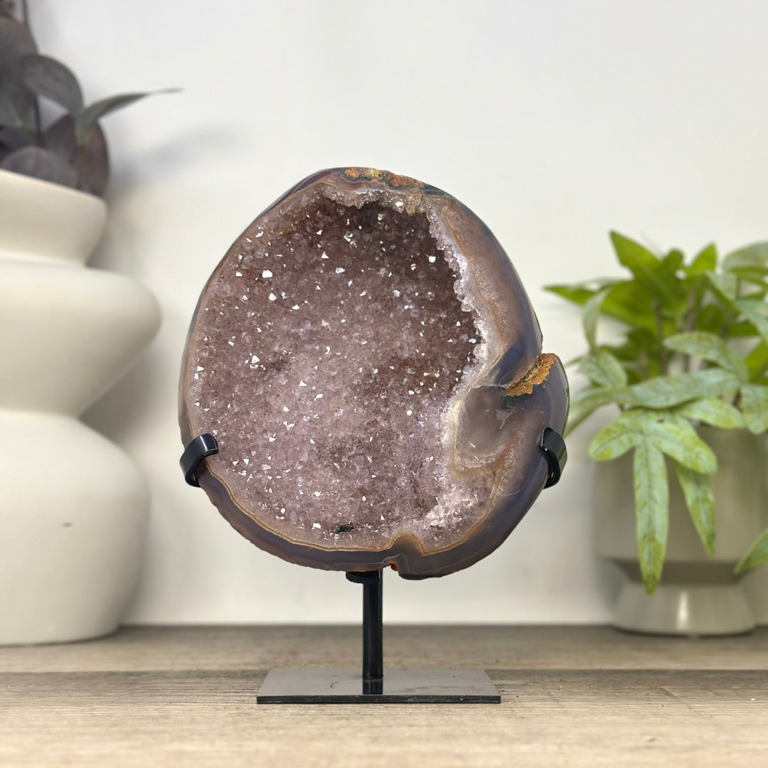 Natural Agate &amp; Amethyst Natural Cave - Handmade Metal Stand Included - MWS3344