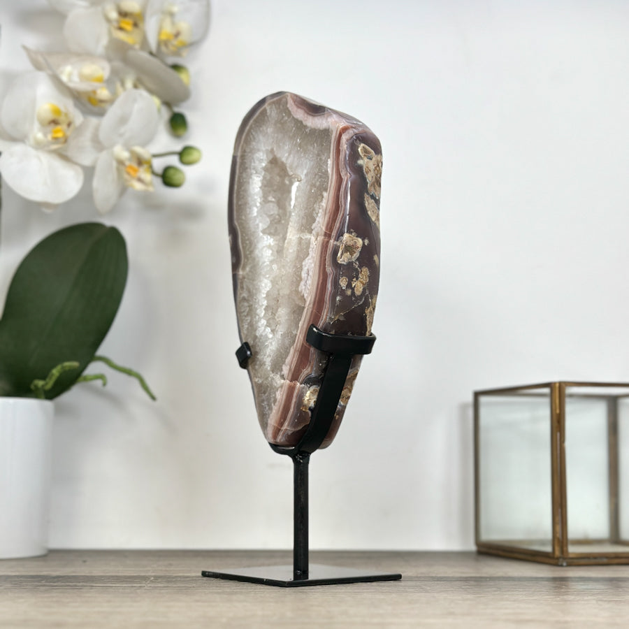 Jasper &amp; Quartz Slice with Druzy Crystals - Stand included - MWS2923