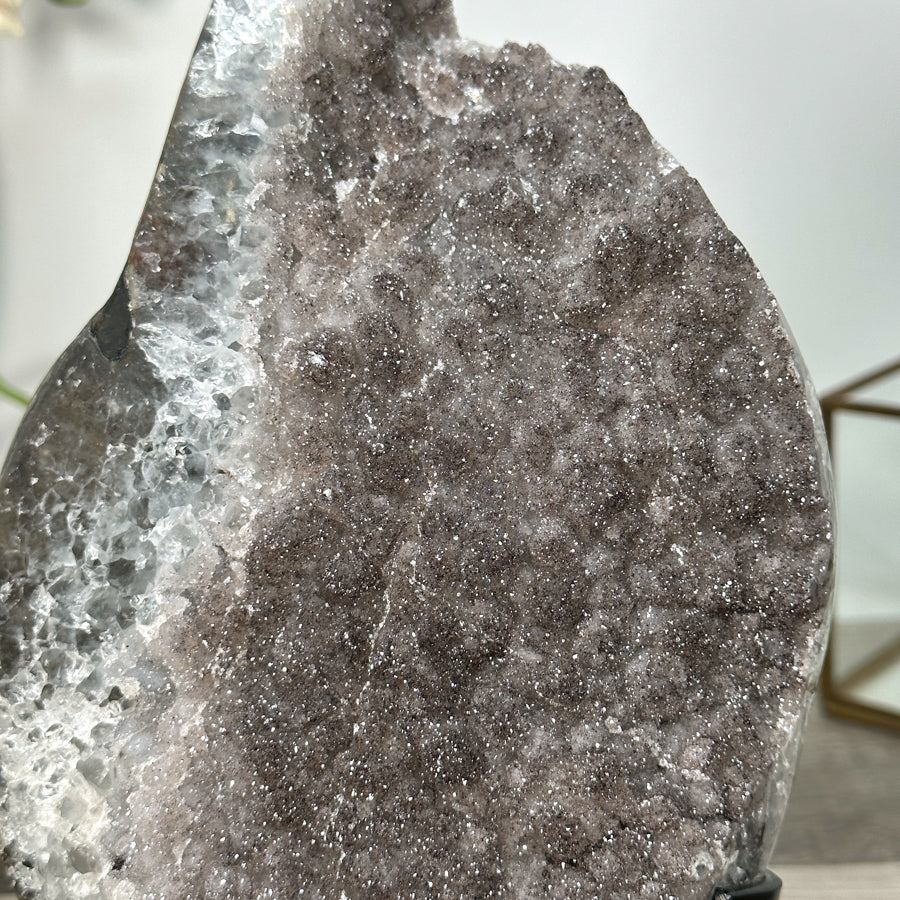 Smoky Sugar Quartz Geode on Metal Stand – Unique Crystal for Office Decor - MWS2740