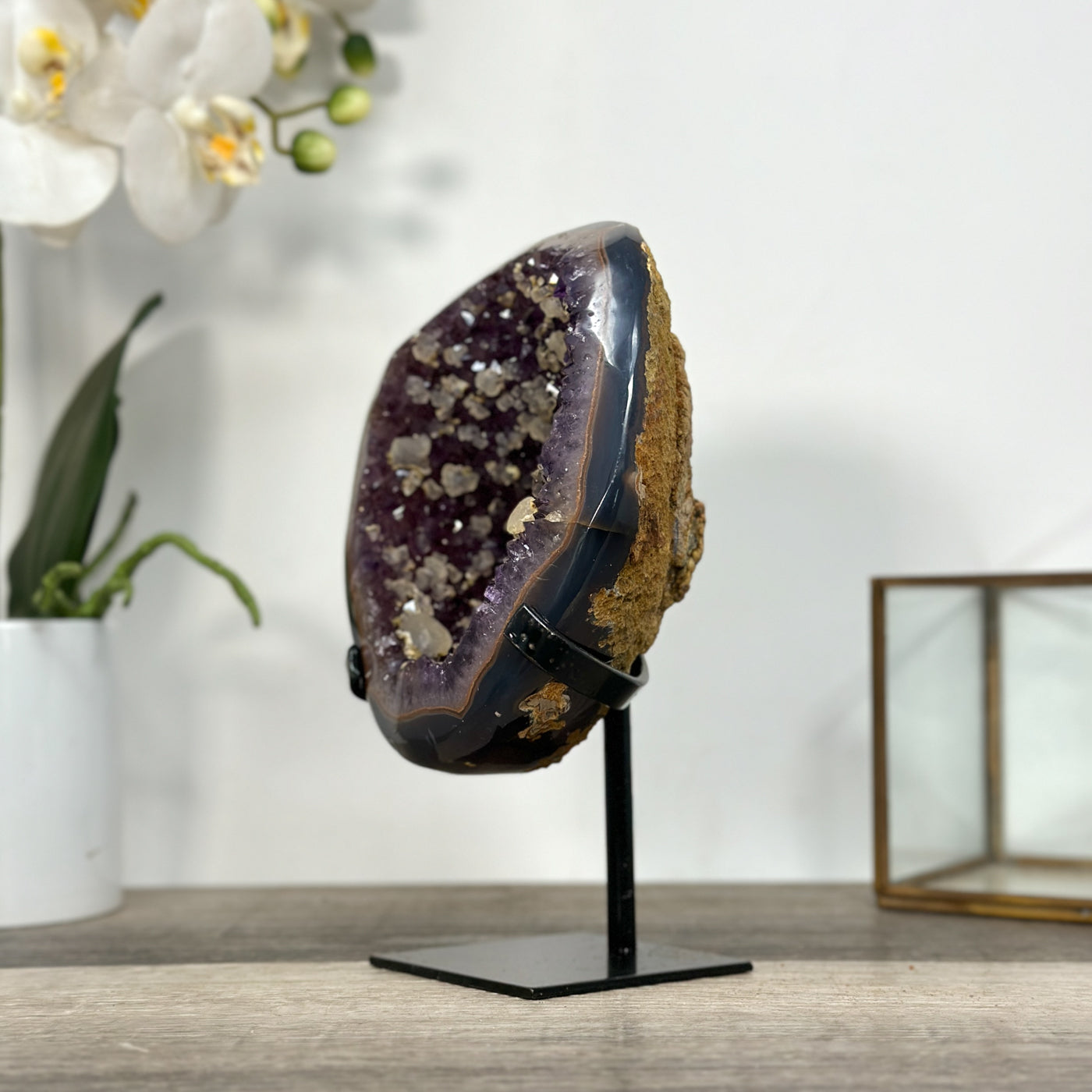 Natural Amethyst Geode with Calcite Inclusions on Stand - MWS2681