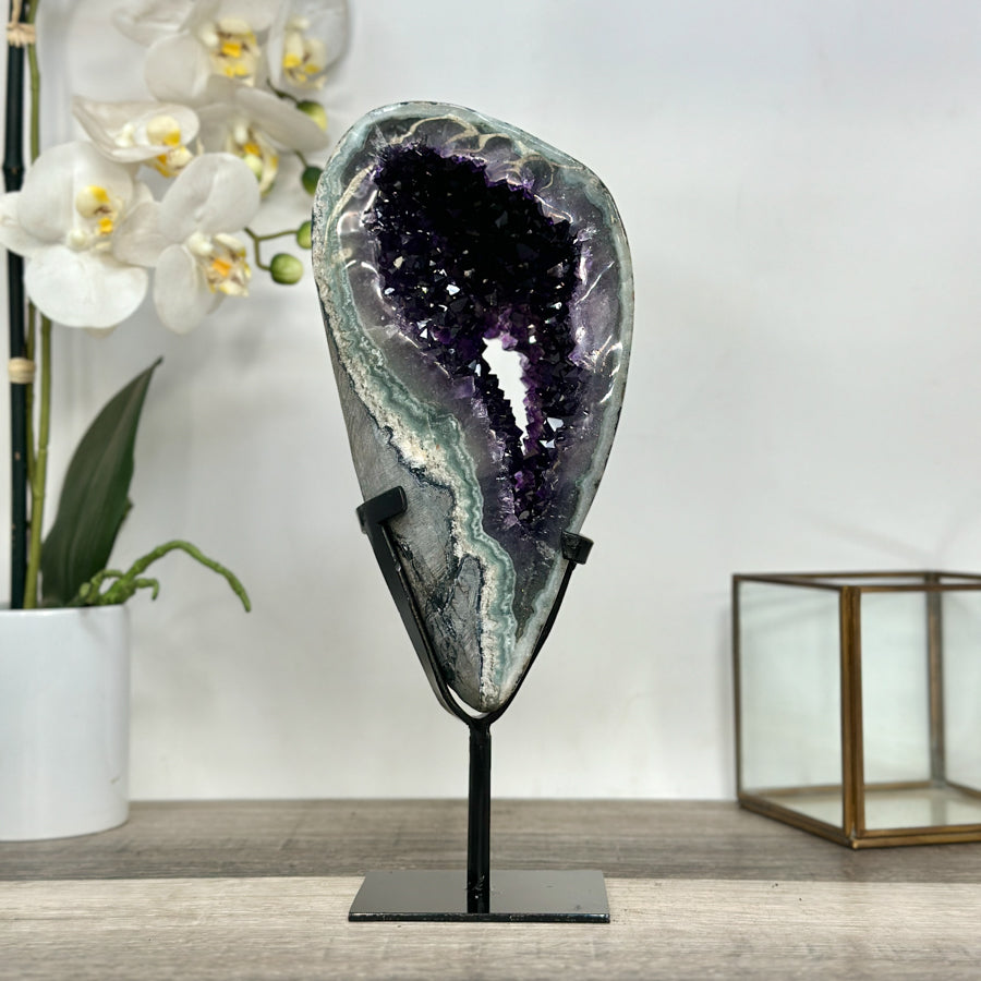 Deep Purple Amethyst Geode on Metal Stand – Stunning Crystal Formation for Shelf Display - MWS2701