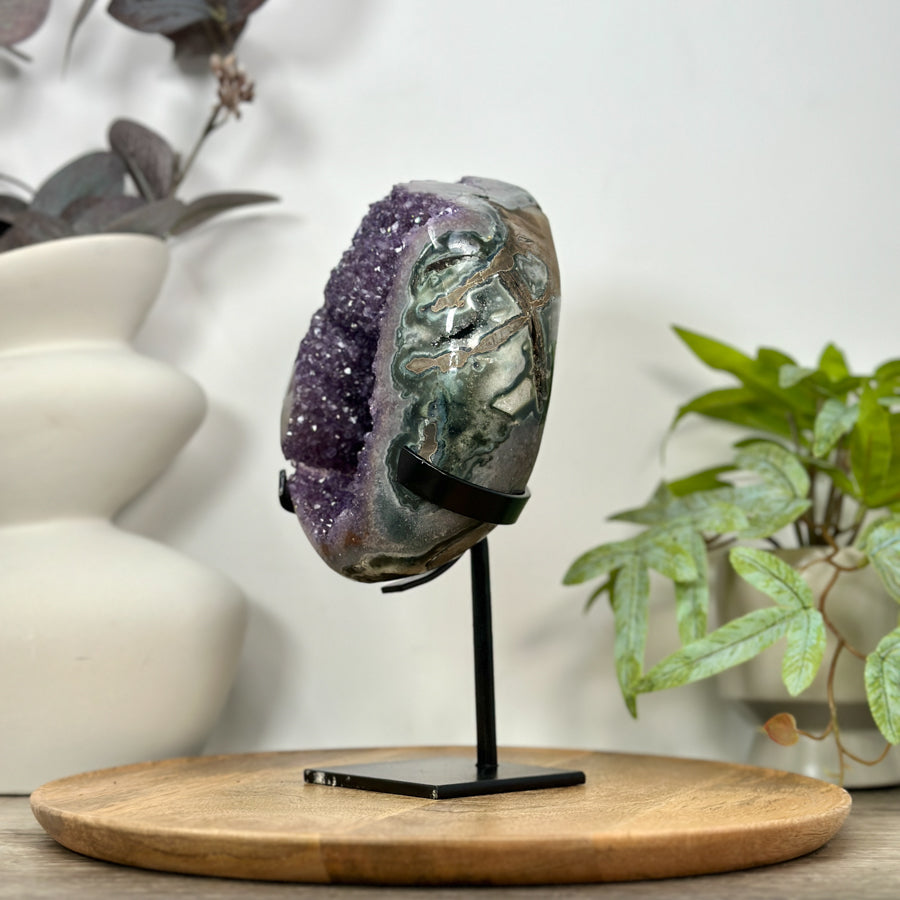 Amethyst &amp; Green Jasper Geode on Metal Stand - MWS3101