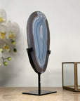 Decorative Blue Agate Slice with Metal Base – Natural Polished Stone from Uruguay - MWS2003