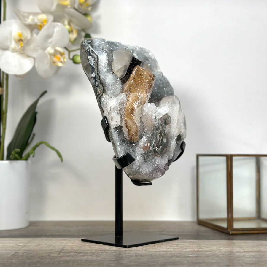 Quartz Crystal with Calite Geode on Stand Mineral Specimen