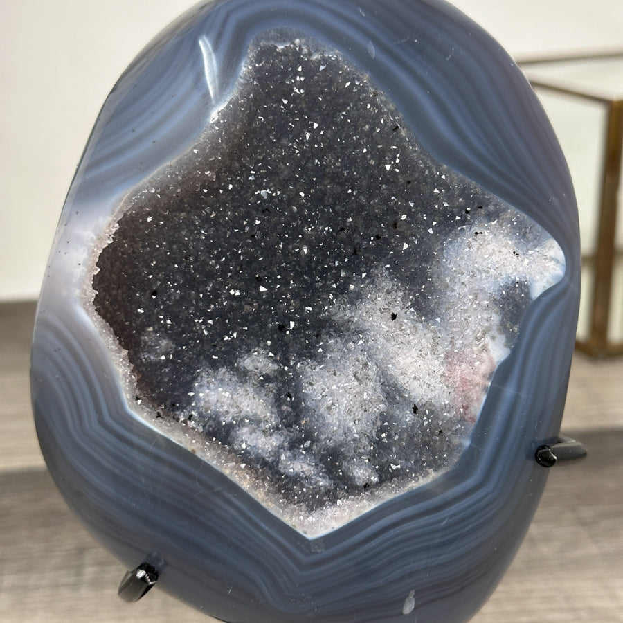 Agate Geode with Druzy Crystals on Stand – Natural Stone Display Piece - MWS2862