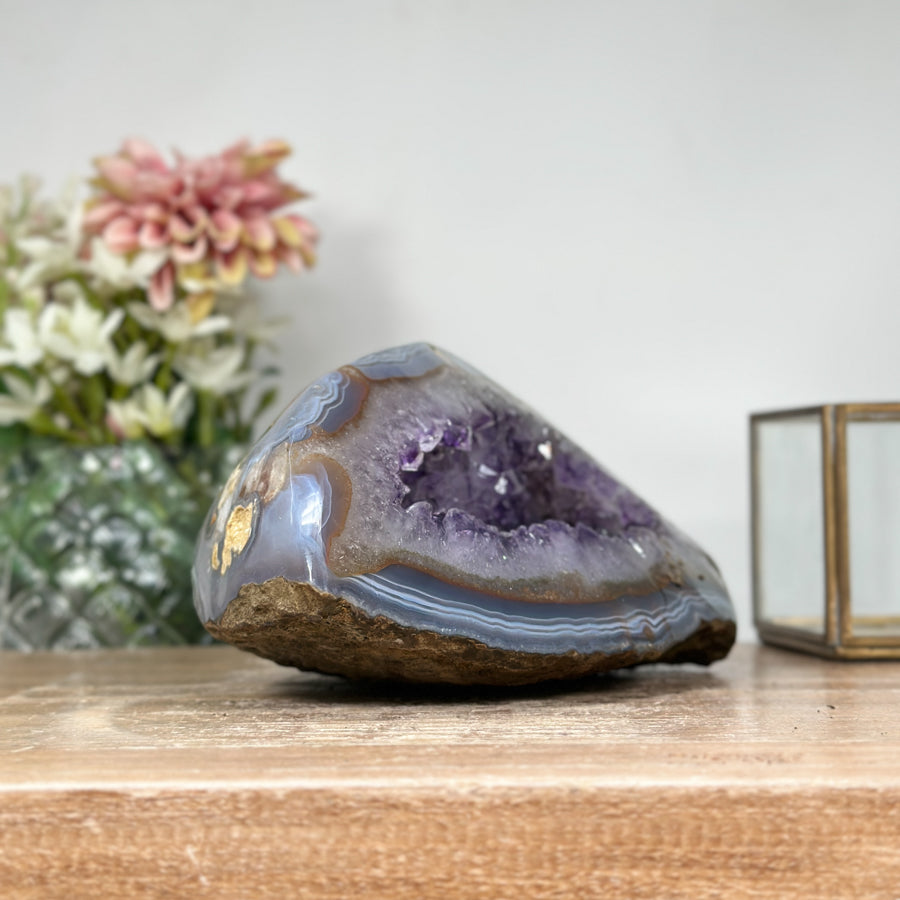 Amethyst &amp; Banded Agate Geode with Druzy Crystals - STGE0008