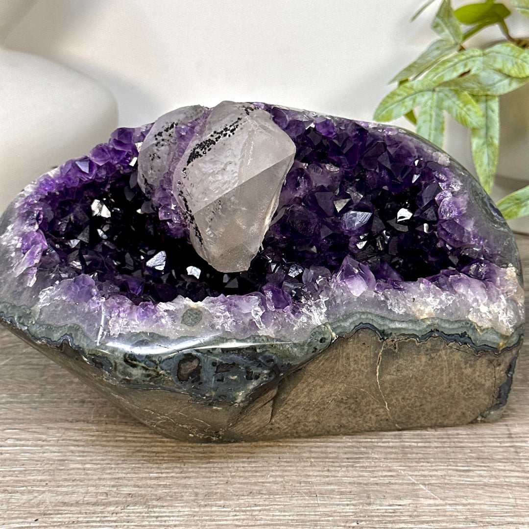 Deep Purple Amethyst Geode with Calcite Crystal - STGE0096