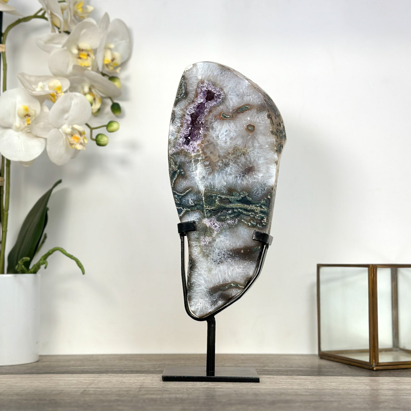 Natural Agate Slice with Amethyst Crystal Cavities for Home Decor Display - MWS2664
