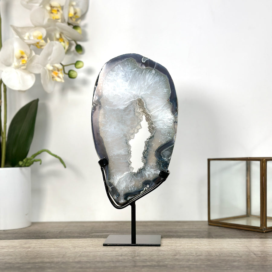 Agate Geode Slice with Sugar Quartz Druzy Crystals on Metal Stand - MWS2735