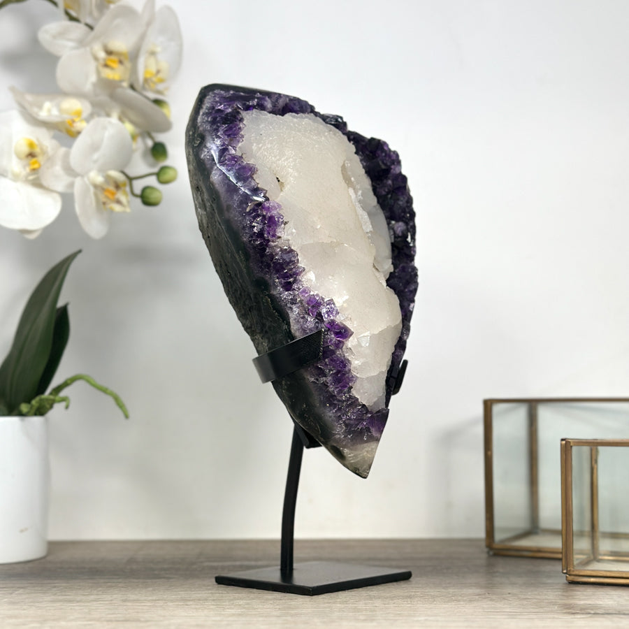 Huge Calcite Crystal Formation on Deep Purple Amethyst Cluster - MWS2314
