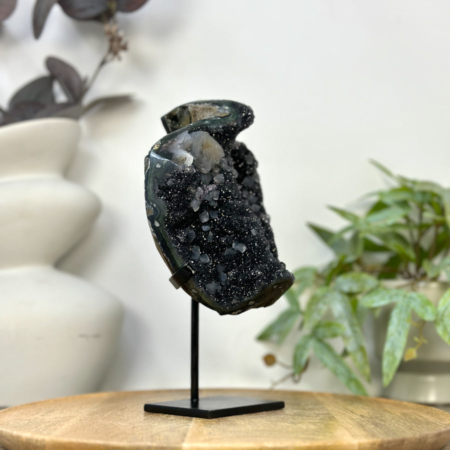 Black Amethyst Galaxy Geode with Calcite Formations - MWS3259