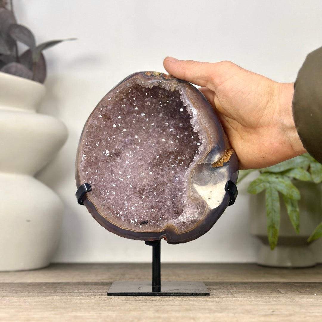 Natural Agate &amp; Amethyst Natural Cave - Handmade Metal Stand Included - MWS3344