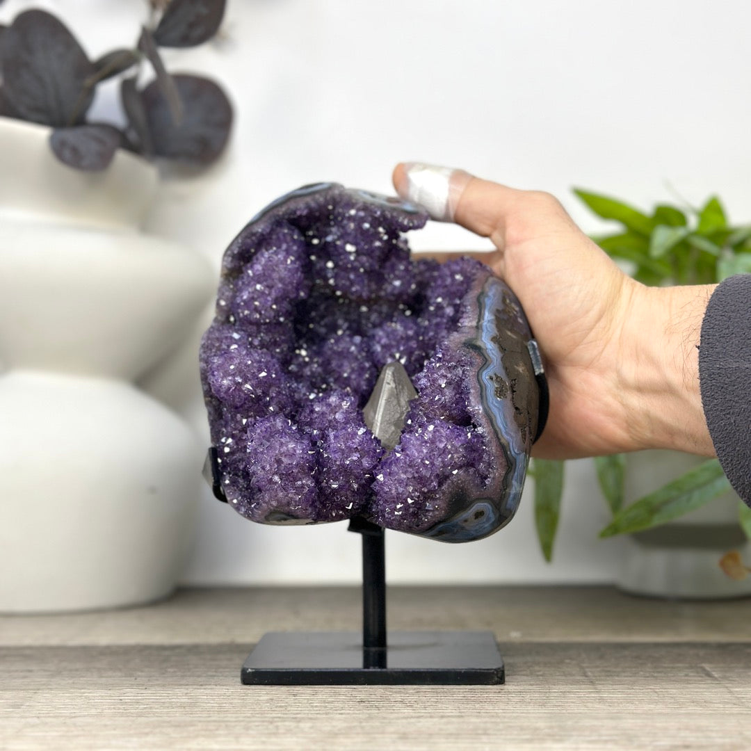 Natural Amethyst &amp; Calcite Formation with Stalactites and Blue Agate Shell - MWS3287