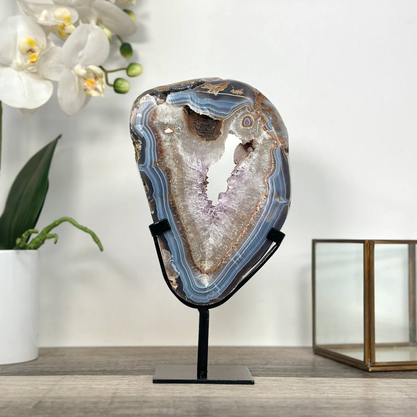 Blue Banded Agate and Amethyst Geode Slice - MWS2654