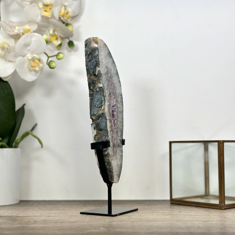 Natural Quartz &amp; Amethyst Stone Geode Slice on Stand - MWS3004