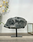 Gray Druzy Quartz Specimen on Metal Stand – Unique Crystal Display for Meditation Space Decor - MWS2712