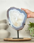 Blue Banded Agate & Quartz Stone Slice on Metal Stand - MWS3036