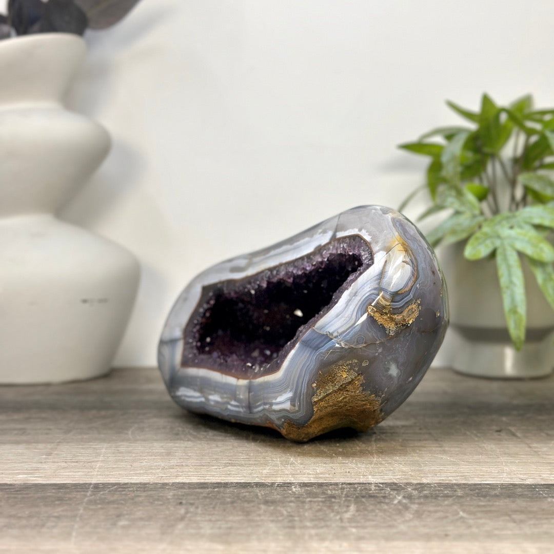 Large Blue Banded Agate &amp; Amethyst Stone Geode - STGE0114
