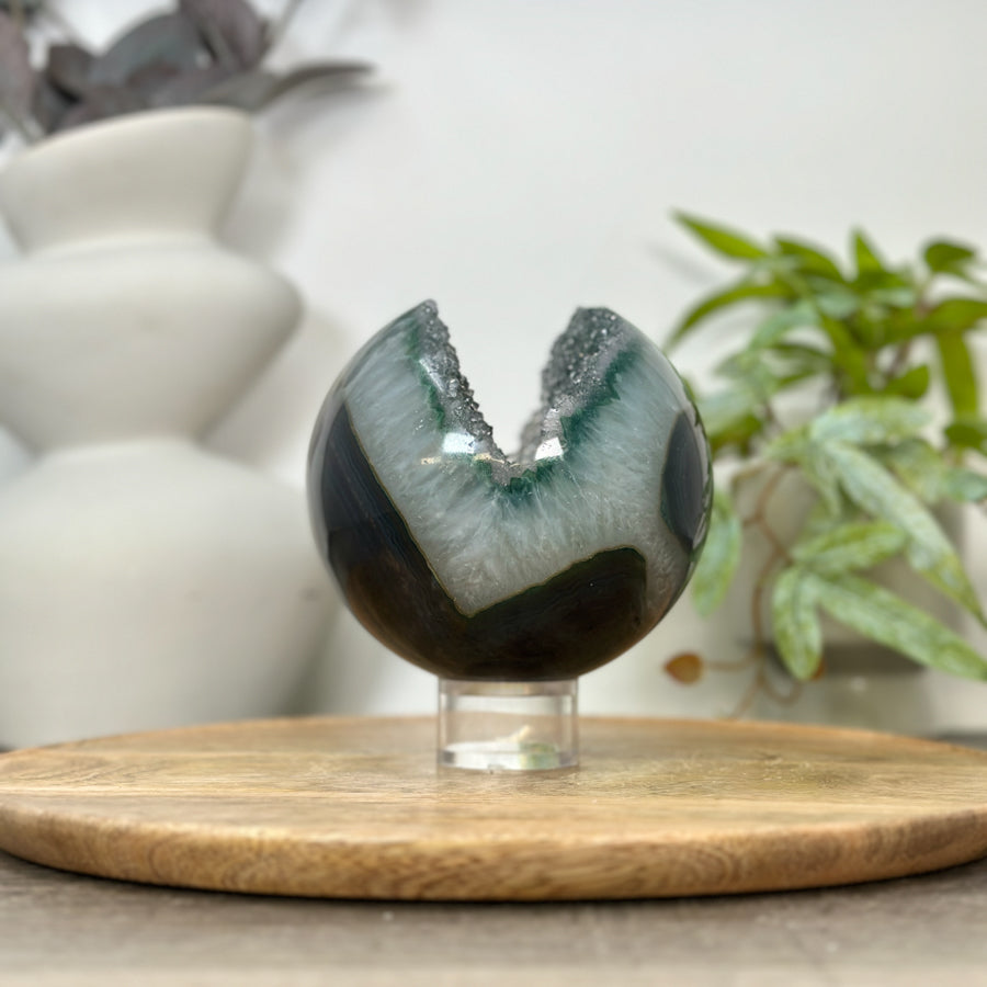 Banded Agate &amp; Green Quartz Druzy Sphere Geode - SPH0190