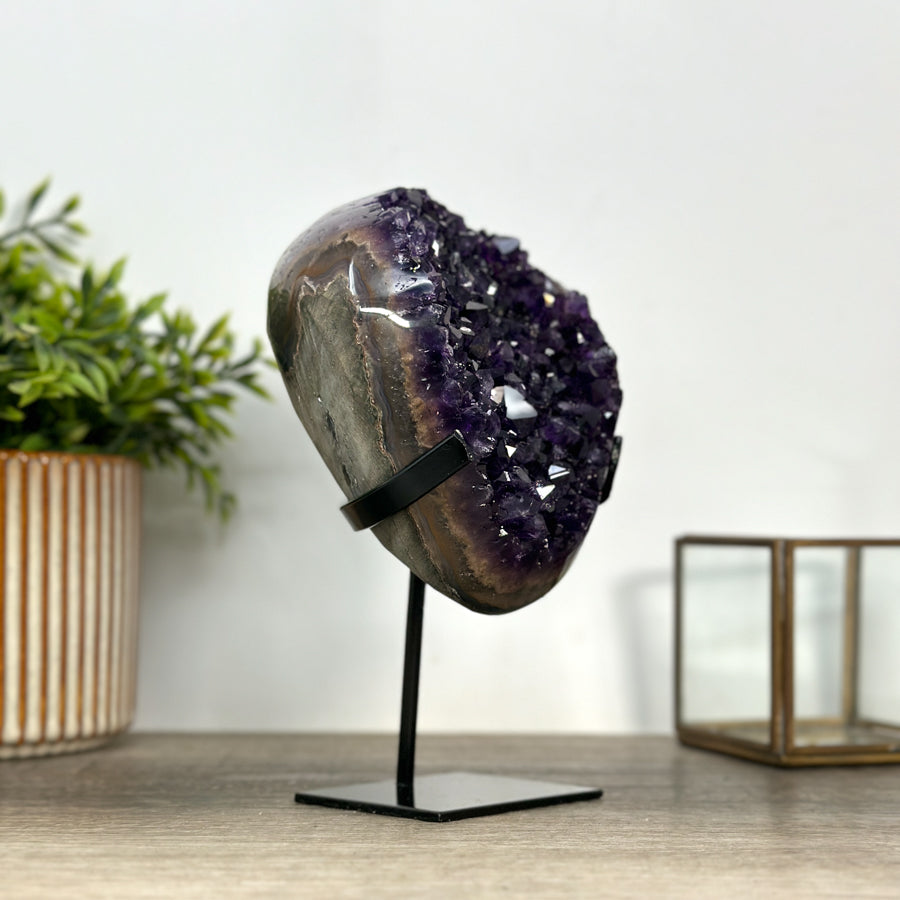 Top Grade Natural Amethyst Crystal Cluster on Metal Stand – Deep Purple Specimen from Uruguay - MWS2412