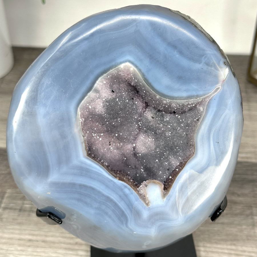 Blue Agate Geode With Crystal Center on Metal Stand - MWS2767