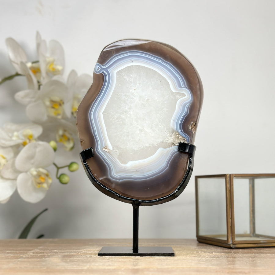 Blue Agate &amp; Quartz Slice with Base – Polished Uruguayan Gemstone for Desk or Studio - MWS2008